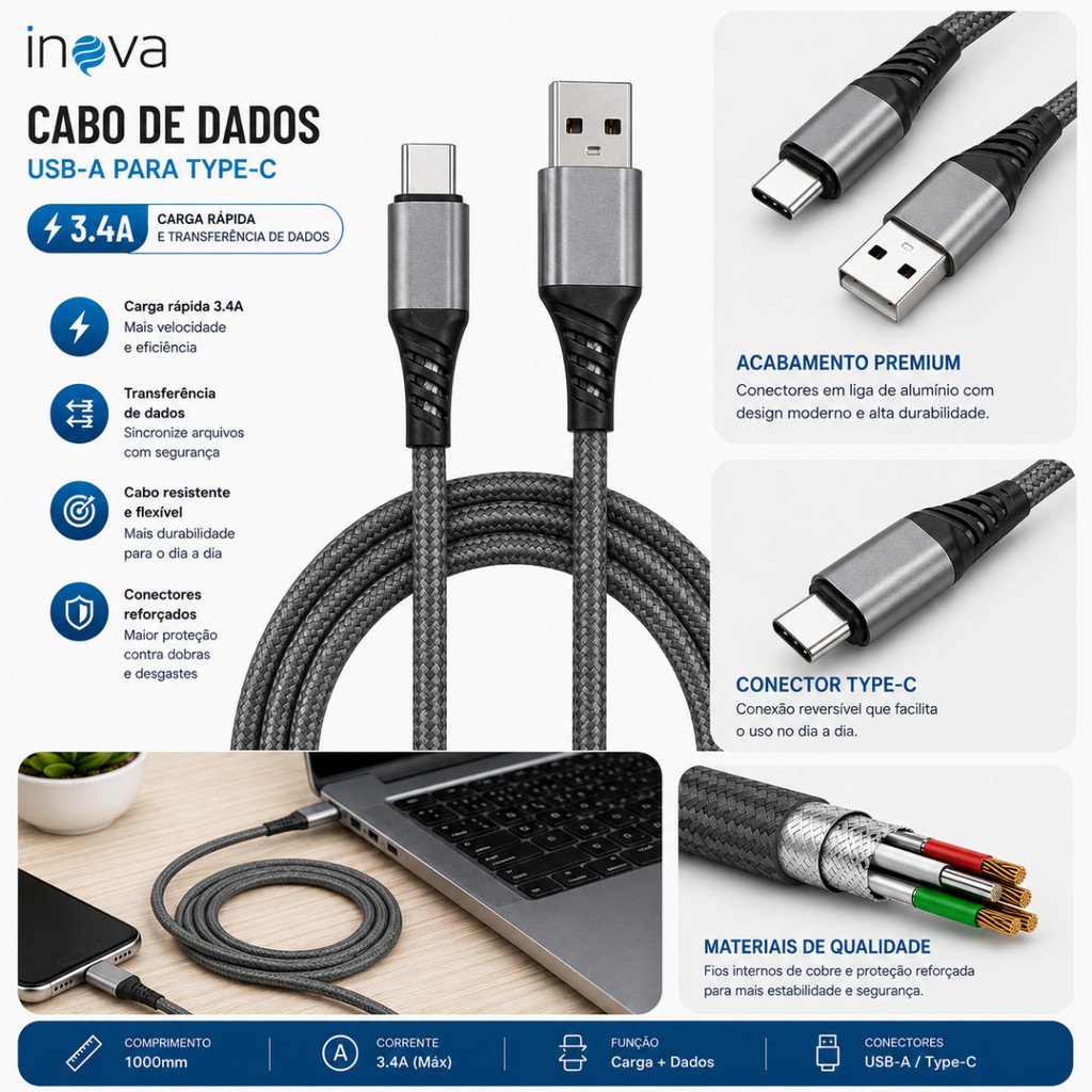 Cabo de Dados USB-A para Tipo-C 3.4A 1 Metro Trançado INOVA HBT-8807