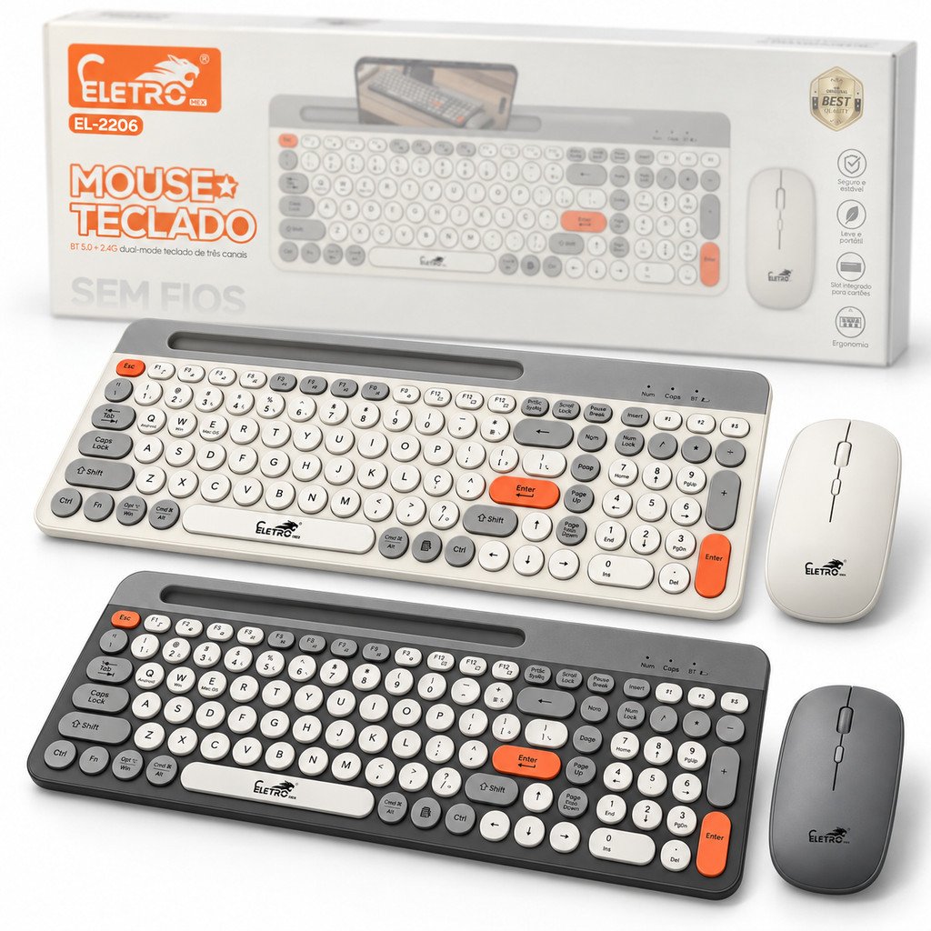 Kit Teclado e Mouse Sem Fio Bluetooth Suporte Celular Eletromex EL-2206
