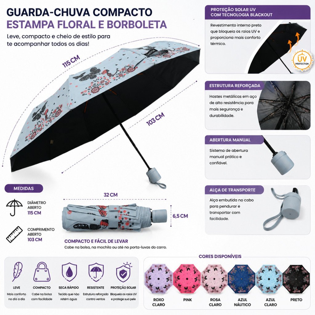 Guarda-Chuva Florido com Borboletas 32cm Proteção Solar Blackout Altomex AJ-3425