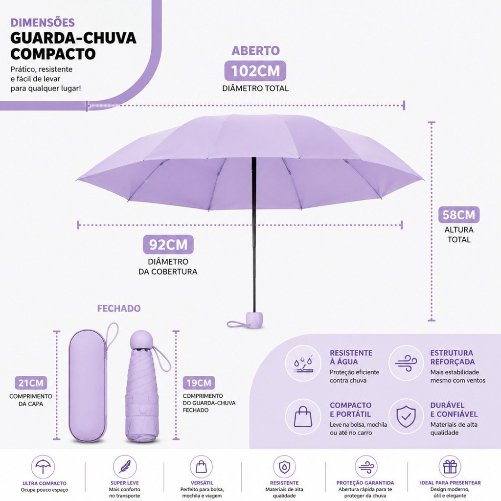 Guarda-Chuva Compacto Dobrável com Case 58cm Proteção UV Altomex AJ-341