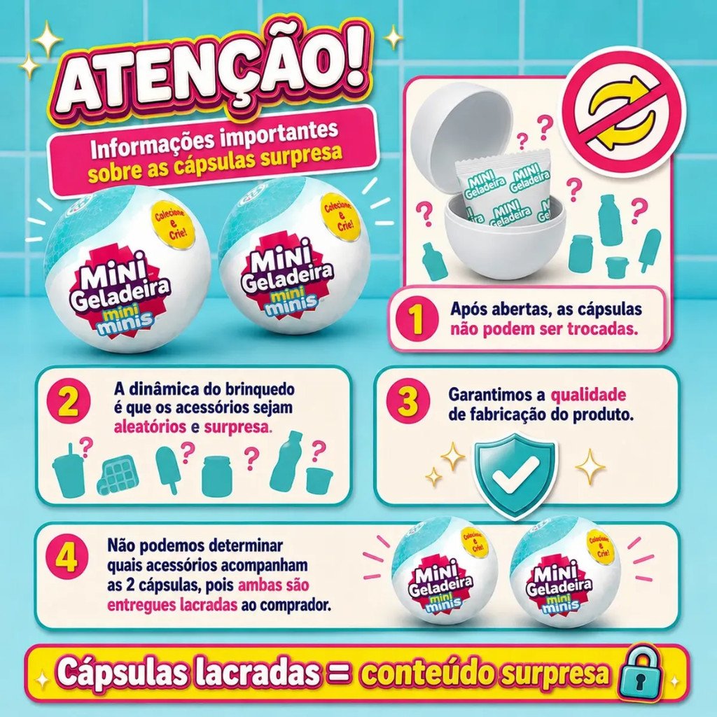 Mini Geladeira Colecionável Mini Minis com Luz LED + 2 Cápsulas Surpresa INMETRO TZ-8888
