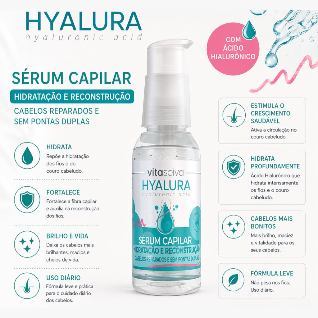 Sérum Capilar Vita Seiva Hyalura Ácido Hialurônico 60ml Hidratação Reconstrução e Brilho