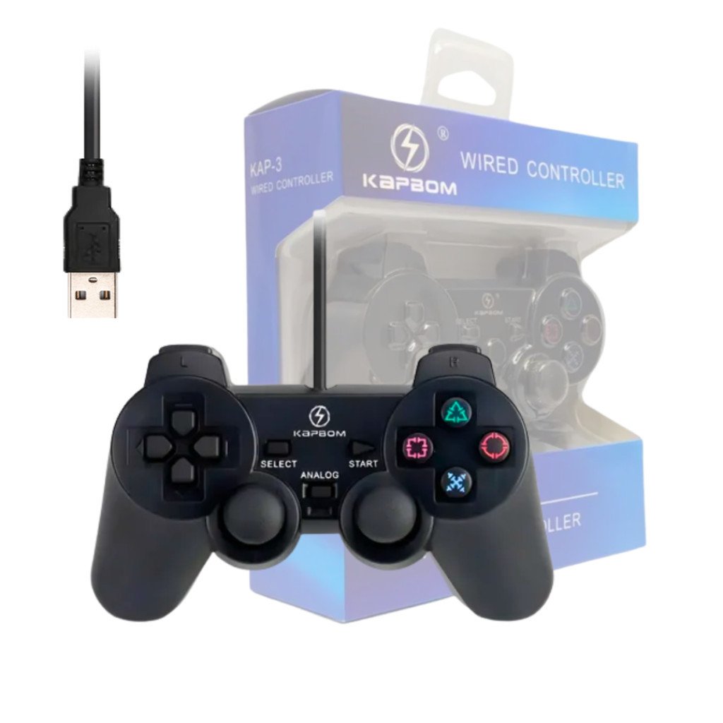 Controle Gamer USB Kapbom KAP-3 compatível com PS3 e PC Com Fio Plug Play Cabo 1,8m Analógicos Precisos