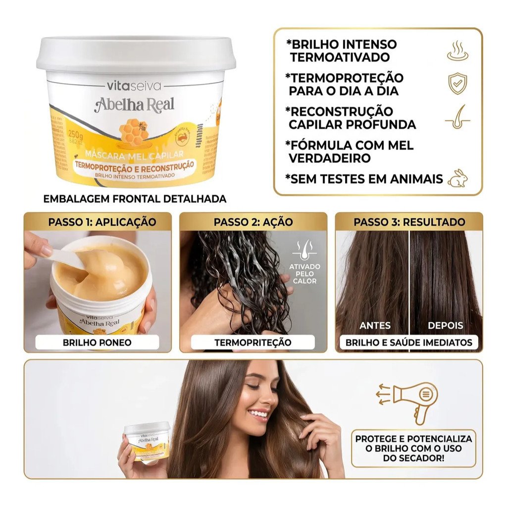 Máscara Capilar Vita Seiva Abelha Real Mel Capilar 250g Termoproteção Reconstrução e Brilho