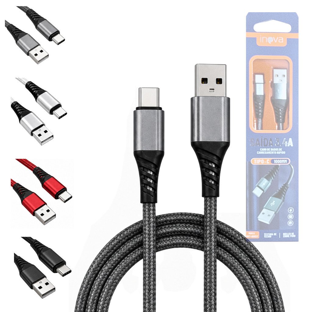 Cabo de Dados USB-A para Tipo-C 3.4A 1 Metro Trançado INOVA HBT-8807