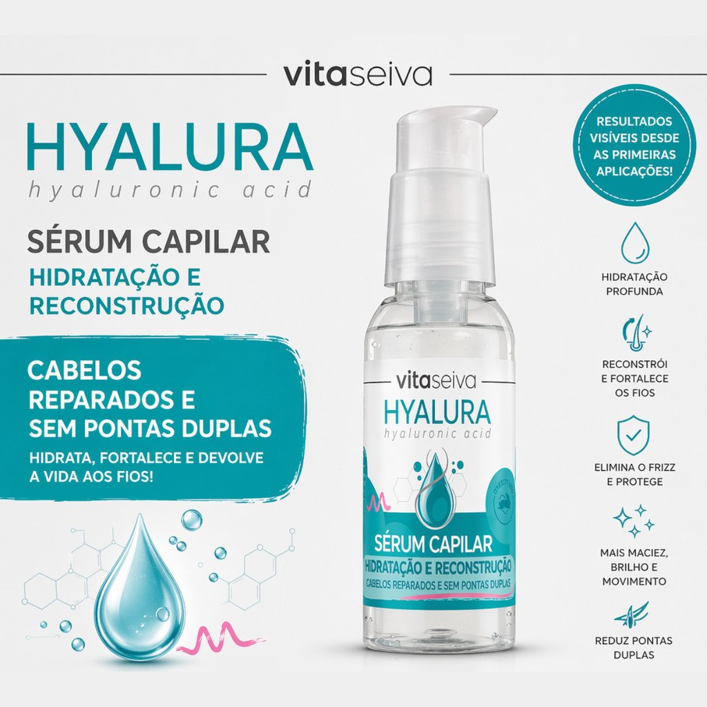 Sérum Capilar Vita Seiva Hyalura Ácido Hialurônico 60ml Hidratação Reconstrução e Brilho