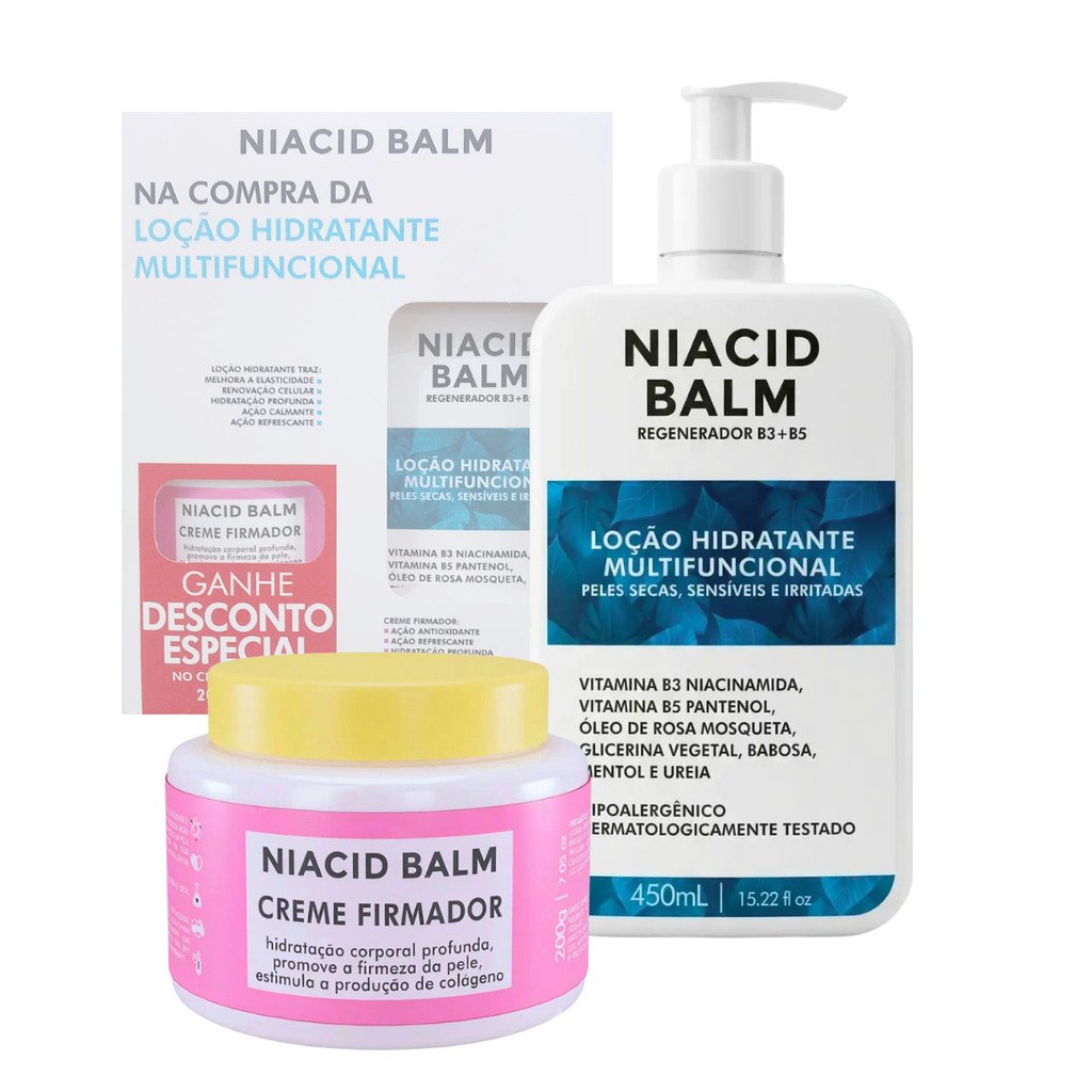 Kit Hidratante Corporal Pele Seca Niacid Balm Niacinamida Creme Firmador Colágeno 450ml + 200g