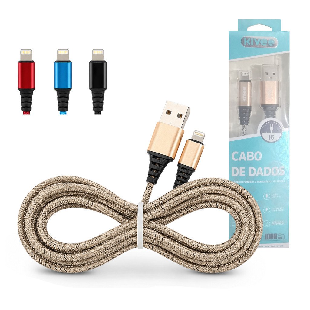 Cabo Lightning USB Kive KV-061 3.4A Nylon Trançado 1 Metro Carregamento Rápido