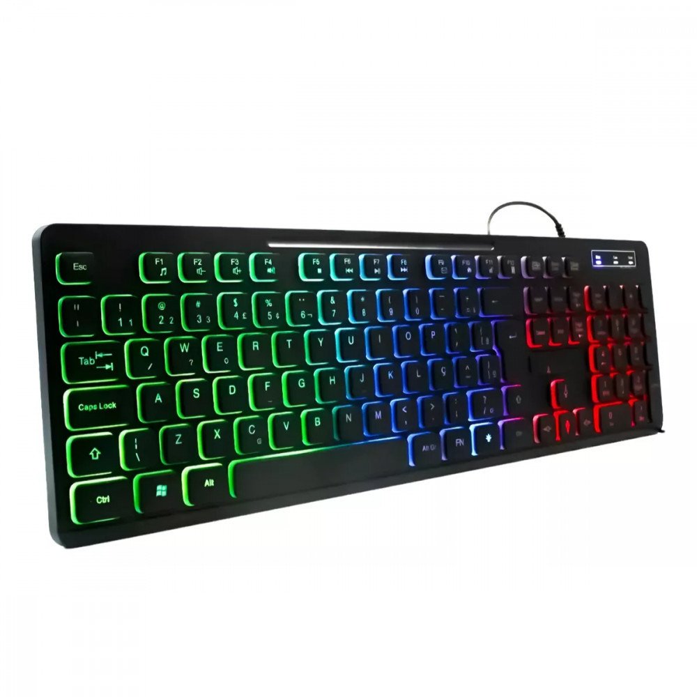 Teclado Gamer Multimídia LED RGB Semi Mecânico Plug & Play Computador Notebook ABNT2 Exbom BK-155C
