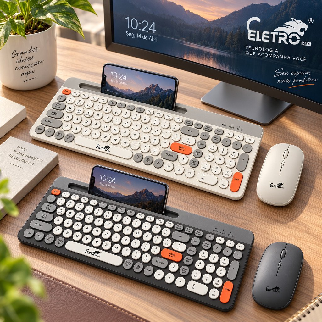 Kit Teclado e Mouse Sem Fio Bluetooth Suporte Celular Eletromex EL-2206