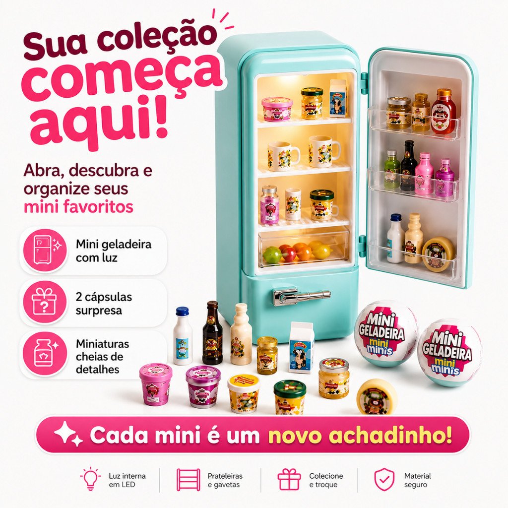 Mini Geladeira Colecionável Mini Minis com Luz LED + 2 Cápsulas Surpresa INMETRO TZ-8888