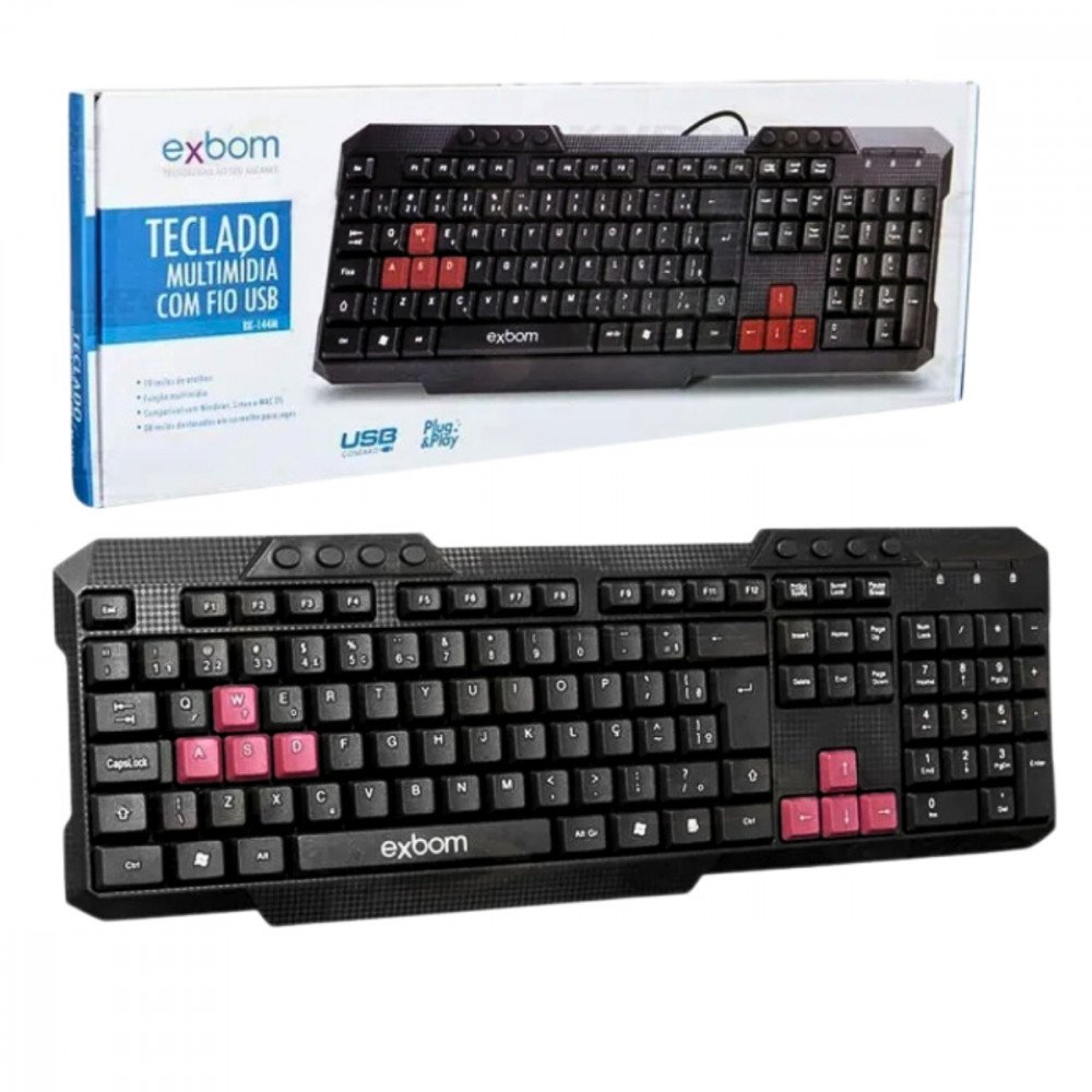 Teclado Multimídia Semi Mecânico Tecla Game Plug & Play ABNT2 Exbom BK-144M