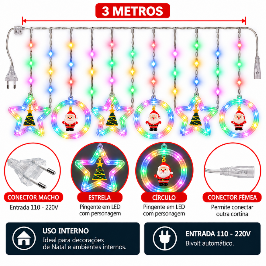 Cortina Cascata LED 3 Metros com Miniaturas Decorativas Natalinas
