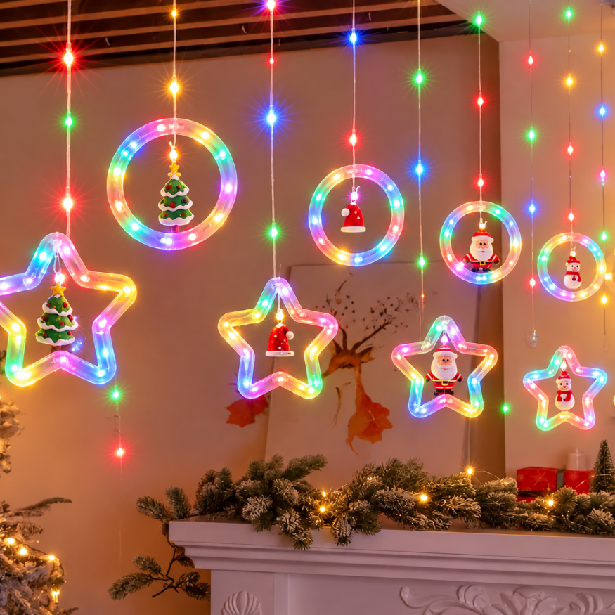 Cortina Cascata LED 3 Metros com Miniaturas Decorativas Natalinas